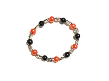 Orange & Black Semiprecious Stone Halloween Themed Stretch Bracelet
