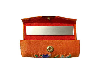 Orange Satin Embroidery Lipstick Case Holder w/ Mirror