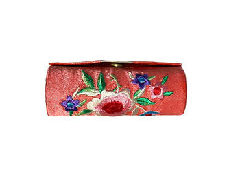 Pink Satin Embroidery Lipstick Case Holder w/ Mirror
