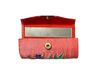Pink Satin Embroidery Lipstick Case Holder w/ Mirror