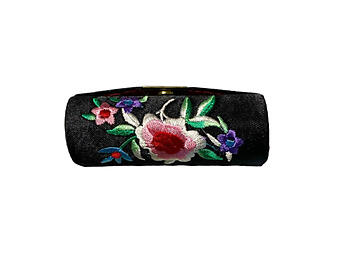 Black Satin Embroidery Lipstick Case Holder w/ Mirror