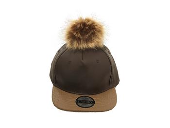 Brown Faux Leather Pom Pom Snapback Baseball Hat Cap w/ Watch Strap Closure
