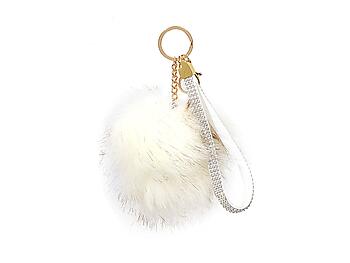 White Faux Fur Pom Pom and Suede Jeweled Hand Holder Keychain