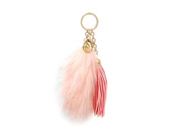 Pink Fur Tail and Suede Tassel Drop Keychain