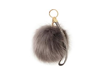 Gray Faux Fur Pom Pom and Suede Jeweled Hand Holder Keychain