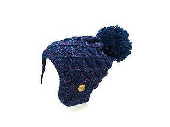 Blue Pom Pom Accent Earflap Thick Winter Knitted Fashion Beanie