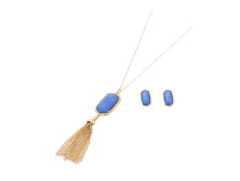 Blue Stoned Gold Metal Long Chain Tassel Drop Necklace Set