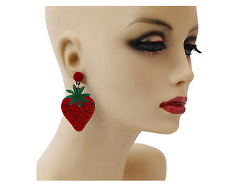 Red Strawberry Colorful & Fun Acrylic Summer Fashion Drop Earrings