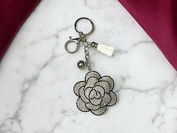 White Flower Tassel Bling Faux Suede Stuffed Pillow Key Chain Handbag Charm