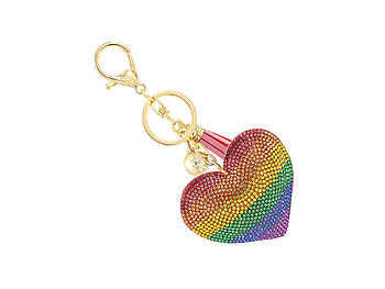 Rainbow Heart Tassel Bling Faux Suede Stuffed Pillow Key Chain Handbag Charm