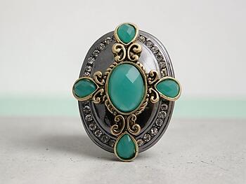 Teal and Silvertone Cross and Rhinestone Large Burnished Stretch Ring