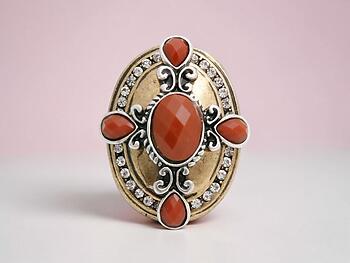 Orange and Goldtone Cross and Rhinestone Large Burnished Stretch Ring