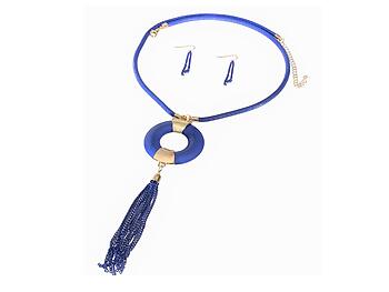 Blue and Goldtone Circle Drop Tassel Long Necklace & Earring Set