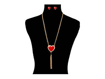 Goldtone Heart Tassel Long Necklace & Earring Set