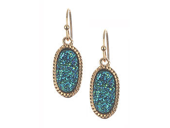 Blue Oval Druzy Faceted Lucite Stone Metal Frame Fish Hook Earrings