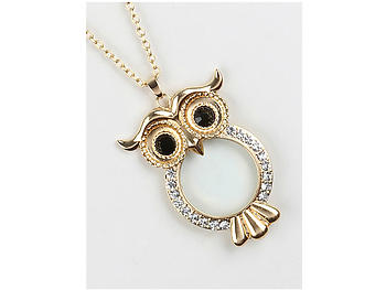 Matte Finish Metal Owl Magnifying Glass Pendant Necklace