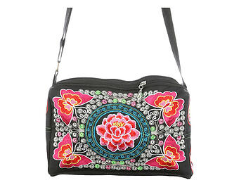 Fabric Flower Double-Sided Embroidered Shoulder Bag with Adjustable Strap