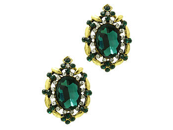 Green Fashion Faceted Oval Stone Aged Finish Metal Cutout Post Pin Earrings