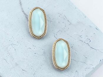 Aqua Blue Oval Faceted Lucite Stone Metal Frame Post Pin Earrings