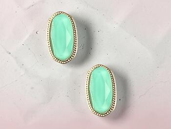 Mint Green Oval Faceted Lucite Stone Metal Frame Post Pin Earrings