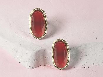 Burgundy Oval Faceted Lucite Stone Metal Frame Post Pin Earrings
