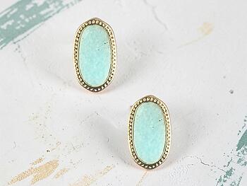 Aqua Blue Druzy Oval Faceted Lucite Stone Metal Frame Post Pin Earrings