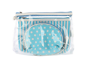 Blue 3 Pc Vinyl Makeup Cosmetic Bag Accessory With Wrist Band