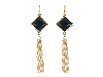 Black Metal Frame Rhombus Stone Chain Tassel Fish Hook Earrings
