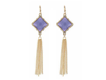 Purple Metal Frame Rhombus Stone Chain Tassel Fish Hook Earrings