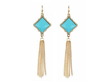 Turquoise Metal Frame Rhombus Stone Chain Tassel Fish Hook Earrings