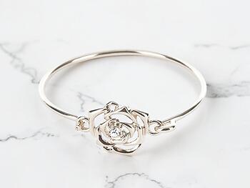 Silvertone Crystal Stone Cutout Metal Rose Bangle Bracelet with Hook Closure