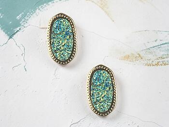 Blue Druzy Oval Faceted Lucite Stone Metal Frame Post Pin Earrings