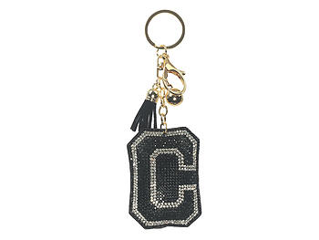 Black Initial C Tassel Bling Faux Suede Stuffed Pillow Key Chain Handbag Charm