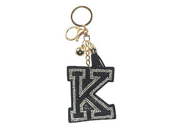 Black Initial K Tassel Bling Faux Suede Stuffed Pillow Key Chain Handbag Charm