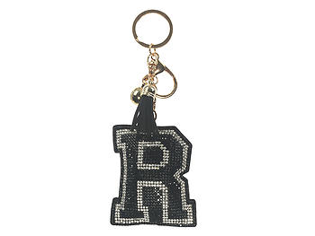 Black Initial R Tassel Bling Faux Suede Stuffed Pillow Key Chain Handbag Charm