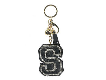Black Initial S Tassel Bling Faux Suede Stuffed Pillow Key Chain Handbag Charm
