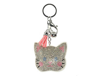 White Kitten Tassel Bling Faux Suede Stuffed Pillow Key Chain Handbag Charm