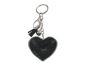 Black Heart Tassel Bling Faux Suede Stuffed Pillow Key Chain Handbag Charm