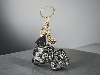 Black Dice Tassel Bling Faux Suede Stuffed Pillow Key Chain Handbag Charm
