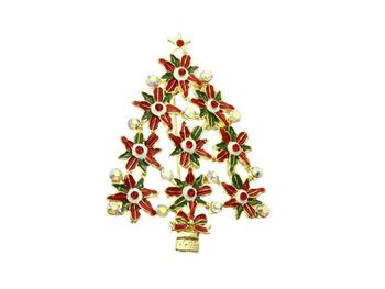 Crystal Stone Christmas Poinsettia Pin and Brooch