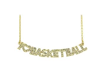Crystal Stone Paved I Love Basketball Necklace in Goldtone
