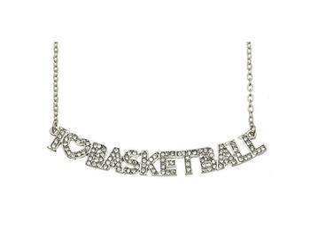 Crystal Stone Paved I Love Basketball Necklace in Silvertone