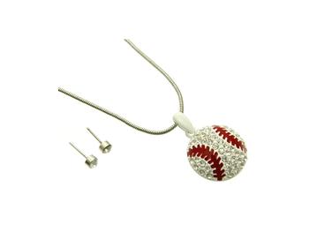 Baseball Link Necklace and Earring Set in Antique Silver Tone