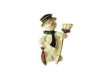 Glitter Coated Snowman Pin and Brooch in Gold Tone