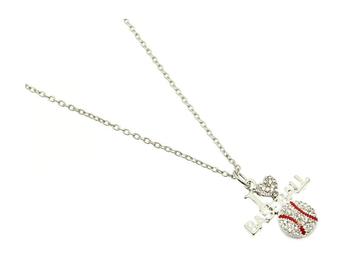 Crystal Stone Paved I Love Baseball Link Necklace in Rhodium Tone