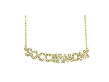 Crystal Stone Paved SOCCERMOM Necklace in Goldtone