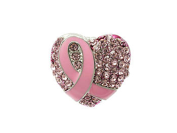 Pink Ribbon Crystal Rhinestone Heart Stretch Ring