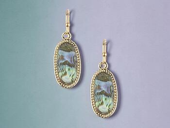 Natural Stone Pattern Oval Faceted Lucite Stone Metal Frame Fish Hook Earrings