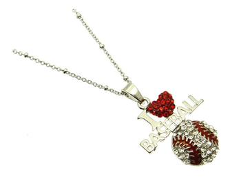 Crystal Stone Paved I Love Baseball Necklace in Silvertone