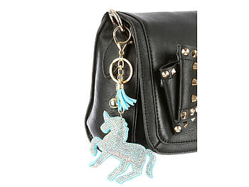 Blue Unicorn Tassel Bling Faux Suede Stuffed Pillow Key Chain Handbag Charm